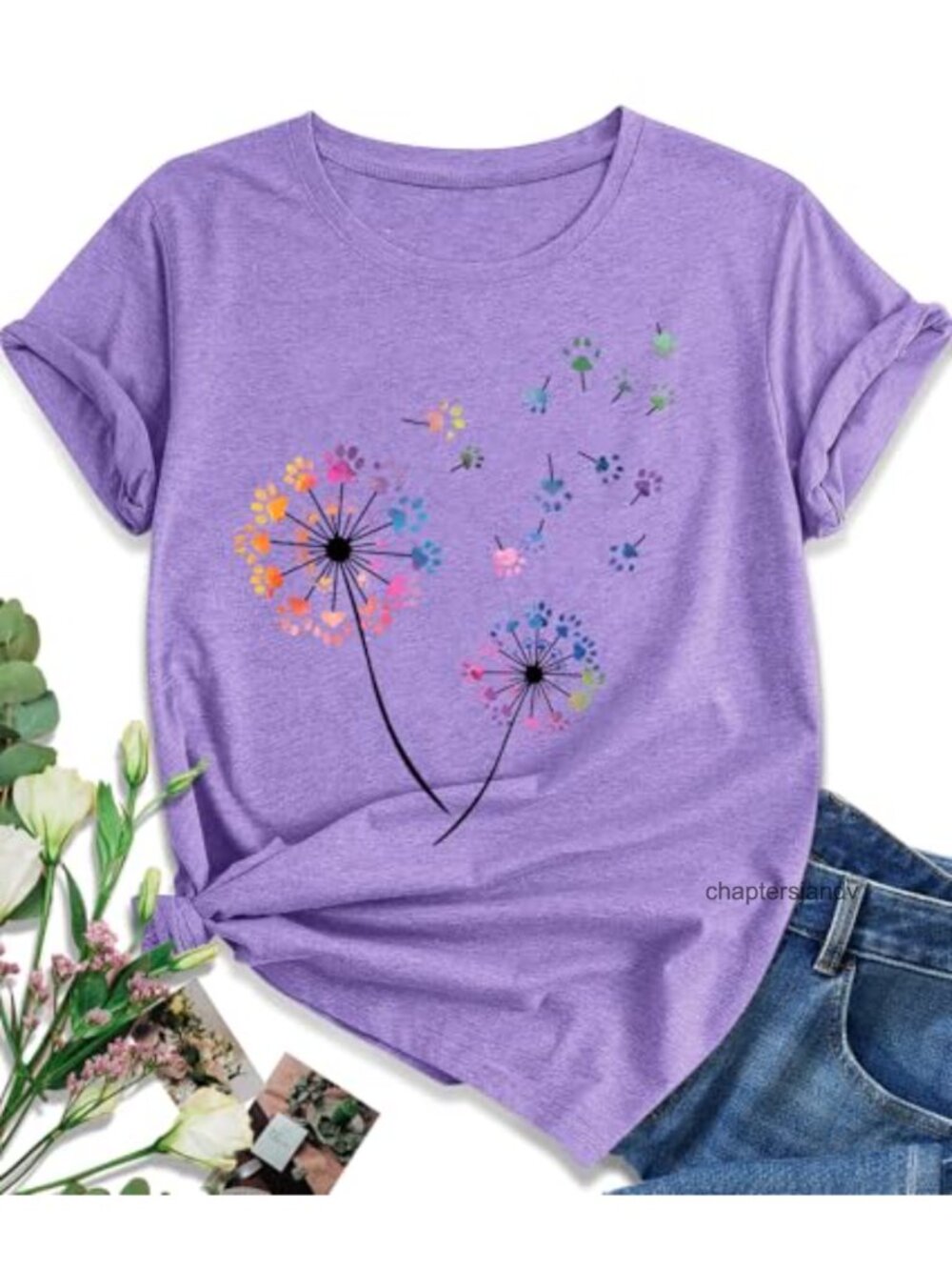Women's Dandelion Floral Boho Graphic Tee Short Sleeve Crew Neck Pullover Top